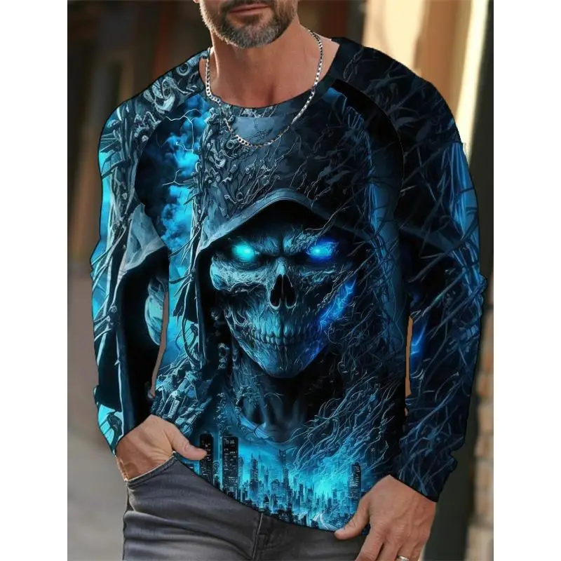Men Raglan Long Sleeve T‑Shirt,3D Skull Grim Reaper Print Top,Gothic Tribal Sleeve,Halloween Street Casual Tee