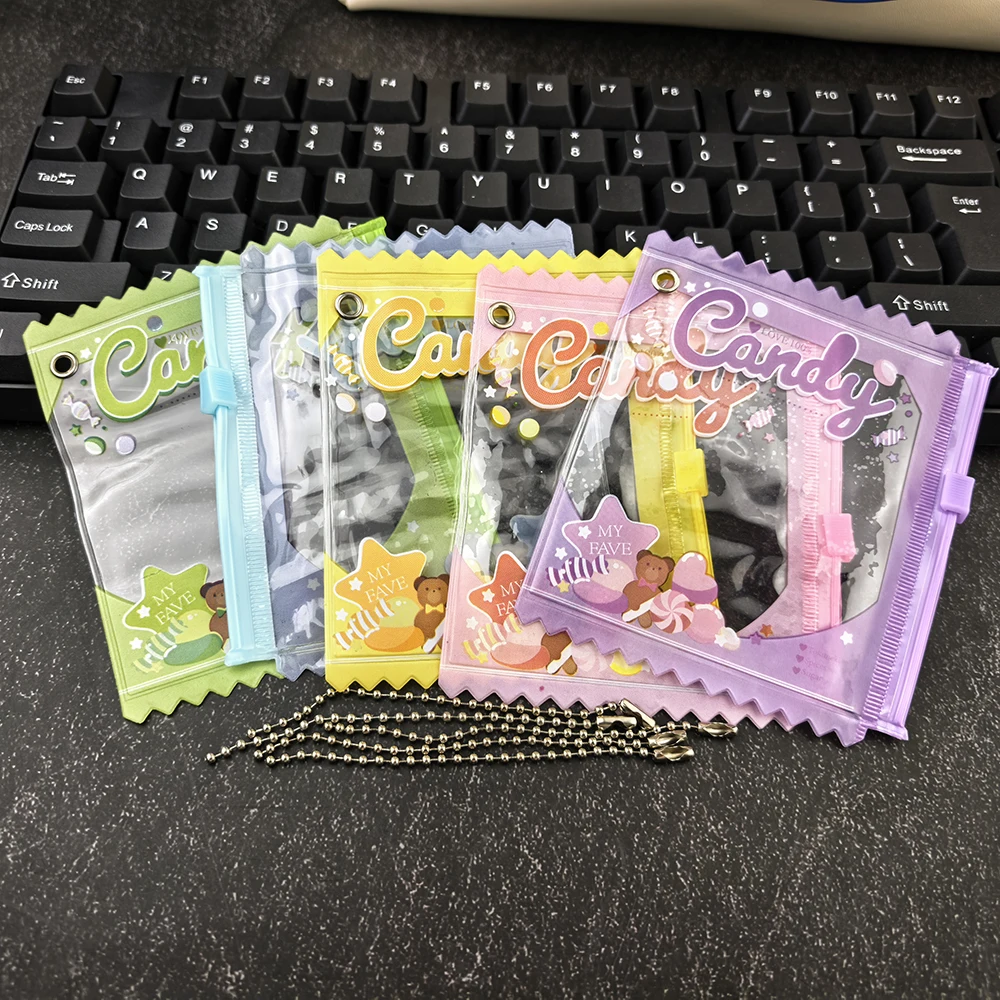 5Pcs Cute Candy Shape Mini Zipper Bag Keychain Kawaii Transparent Small Storage Pouch Pendant for Photocard DIY Bag Decor Gift