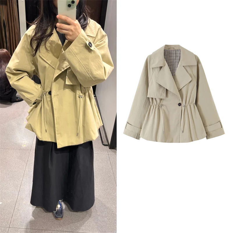 Guobioziy Women's 2026 Spring and Autumn New Single-Button Drawstring Waist Loose Slim Short Trench Coat for Work