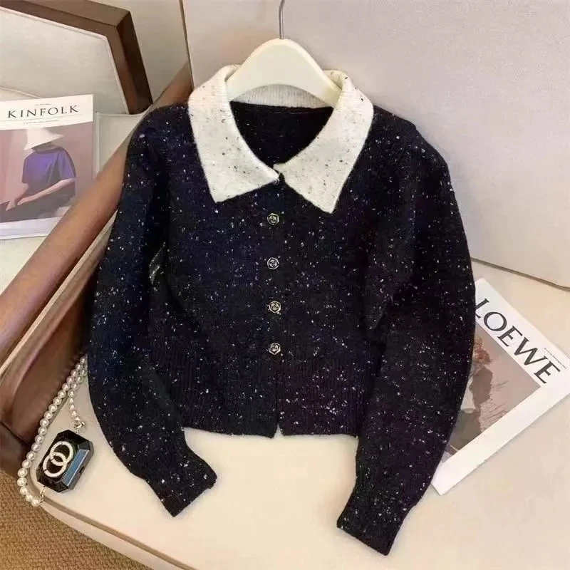 

Однобортный вязаный свитер, кардиган для женщин, весна-осень, лоскутный свитер с длинными рукавами и лацканами, пальто, женская короткая куртка, топ