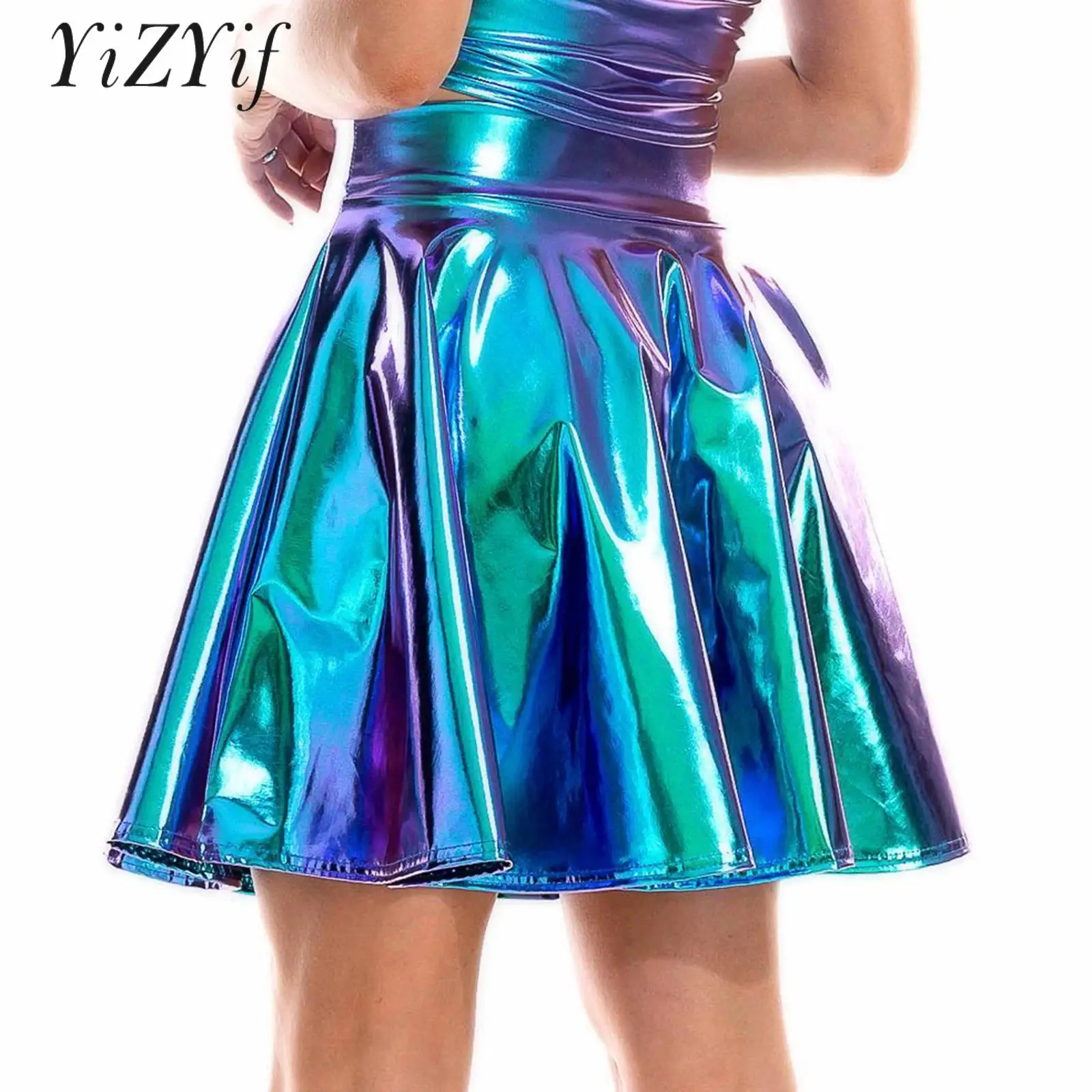 

Women Metallic Pleated Skirt High Waist Shiny Wetlook Mini Skirt Skater Skirt Jazz Dance Tutu Rave Festival Party Club Wear