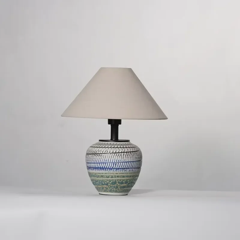 Jingdezhen Midcentury Modern Ceramic LED Table Lamp with Beige Remote Control Electric Flexible Design for Bedroom Nightstand
