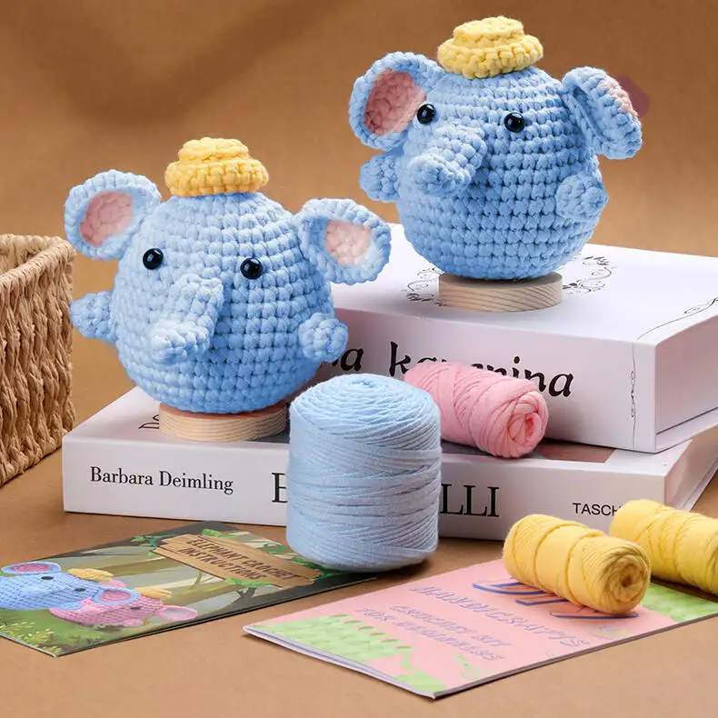 Elephant Crochet Kit For Beginners With Instruction Knitting Yarn Thread Hook Needles Easy Knit Accessories Set DIY Craft