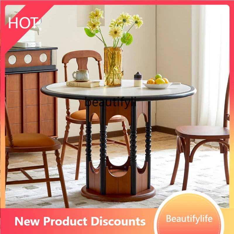 

01A French dining table and chair combination round dining table antique travertine rock slab table retro home