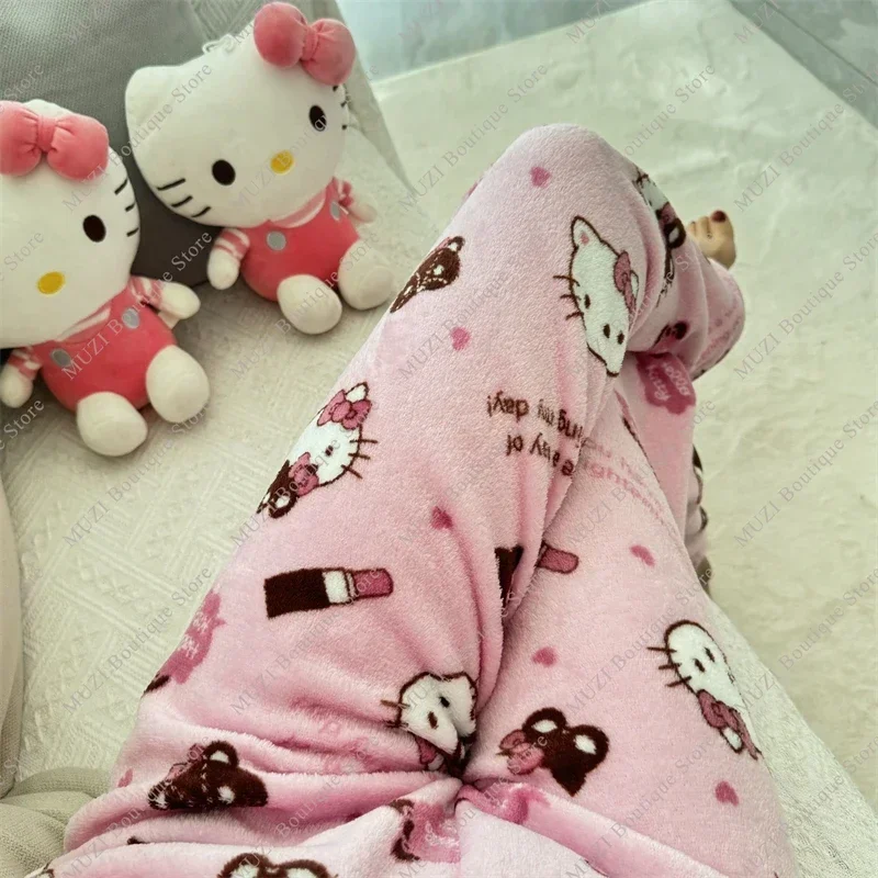 Sanrio Hello Kitty Pajama Pants Cartoon Kuromi Women Plush Coral Velvet Elastic Soft Trousers Comfortable Girls Home Home Gifts