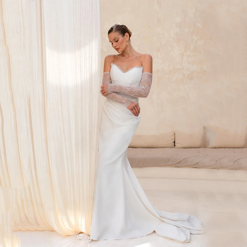 

Elegant Mermaid Wedding Dresses Women Lace Long Sleeves Sweetheart Bridal Gown Sweep Train Satin Vestidos De Novia Customized