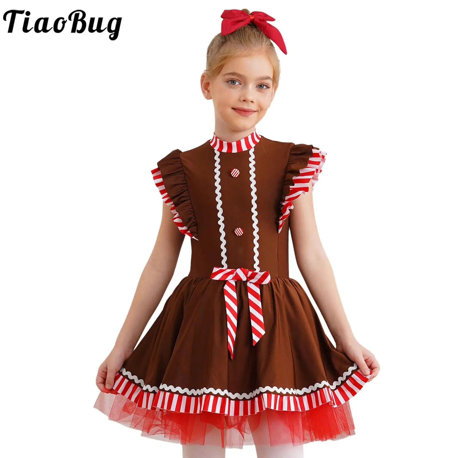 

Girls Christmas Gingerbread Man Costume Party Dress Candy Cane Santa Cookie Man Cosplay Tutu Figure Skating Ballet Dance Dress