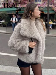 TRAFZA 2024 Female Chic Solid Coat Lady Casual Lapel Collar Thick Faux Fur Coat Fashion Woman Vintage Long Sleeve Outerwear