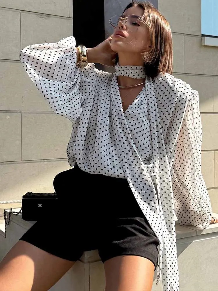 

BKQU Sexy V-neck Polka Dot Shirts Woman 2025 Autumn Scarf Ribbon Patchwork Elegant Loose Lantern Sleeve Blouses Tops Party Wear