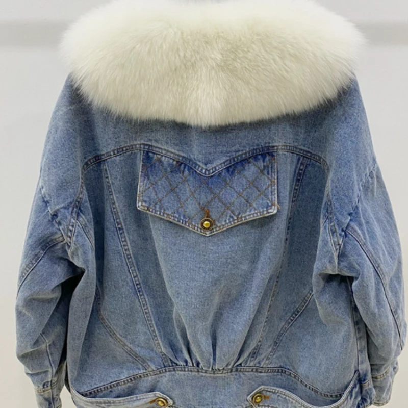 New Winter Women Down Denim Jacket Real Fox Fur Coat High Quality Thick Soft Big Collar Short Warm Loose Fashion Parka