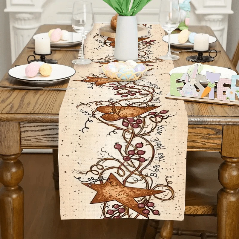 1pc Rustic Star & Vine Table Runner Farmhouse Style Dining Table Decor for Home Kitchen
