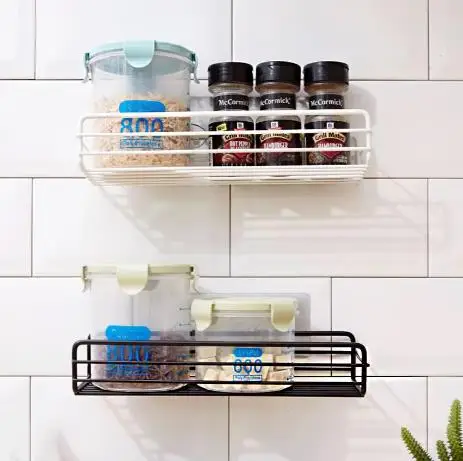 1pc Kitchen Storage Shelves Wall Mounted Shelf With Towel Bar Punch-Free Shower Caddy For Home Bathroom Kitchen Accessories Tool