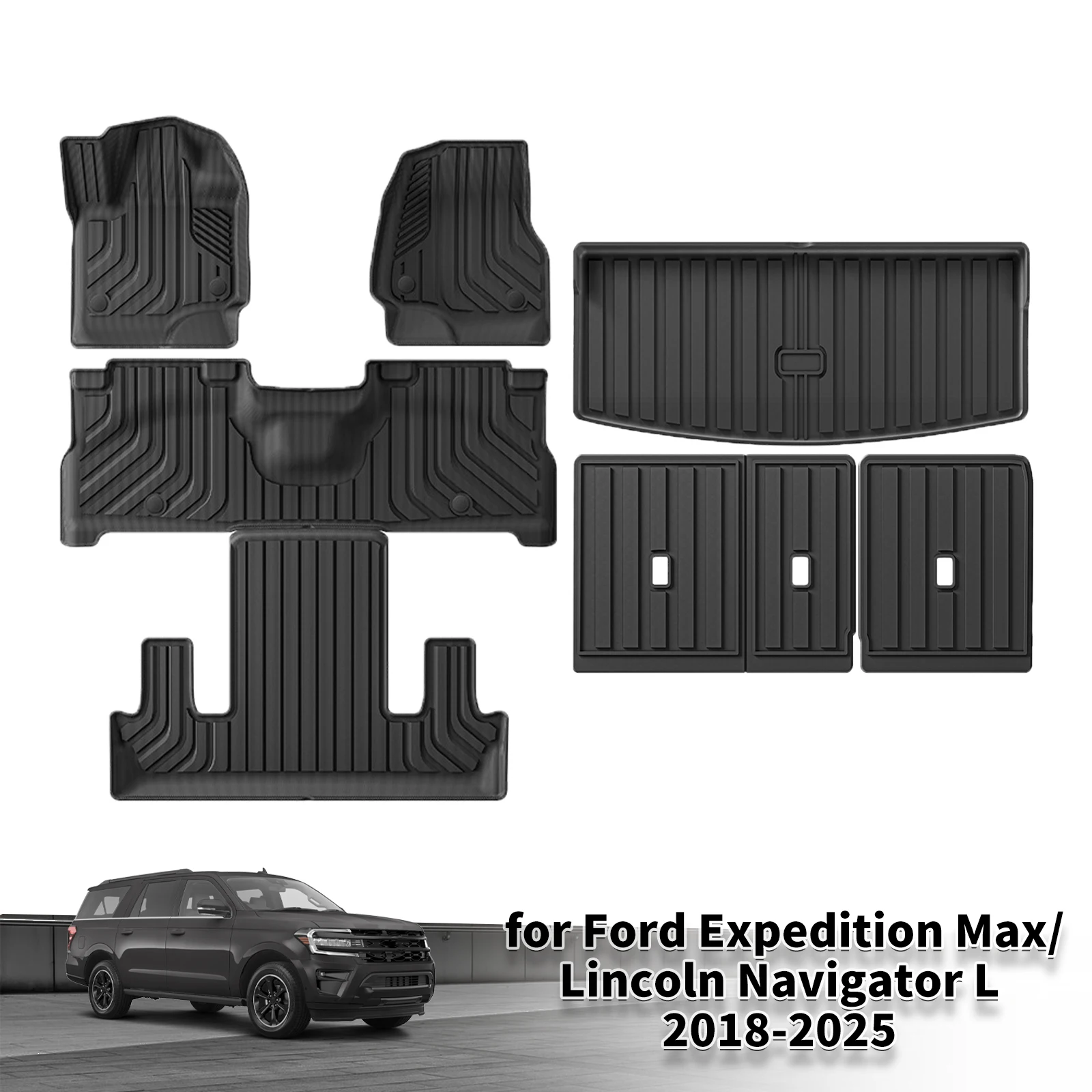 for Ford Expedition Max/Lincoln Navigator L 7 Seat  (North American fuel) LHD 2018-2025 3D TPE Car Floor & Trunk Mats view 3