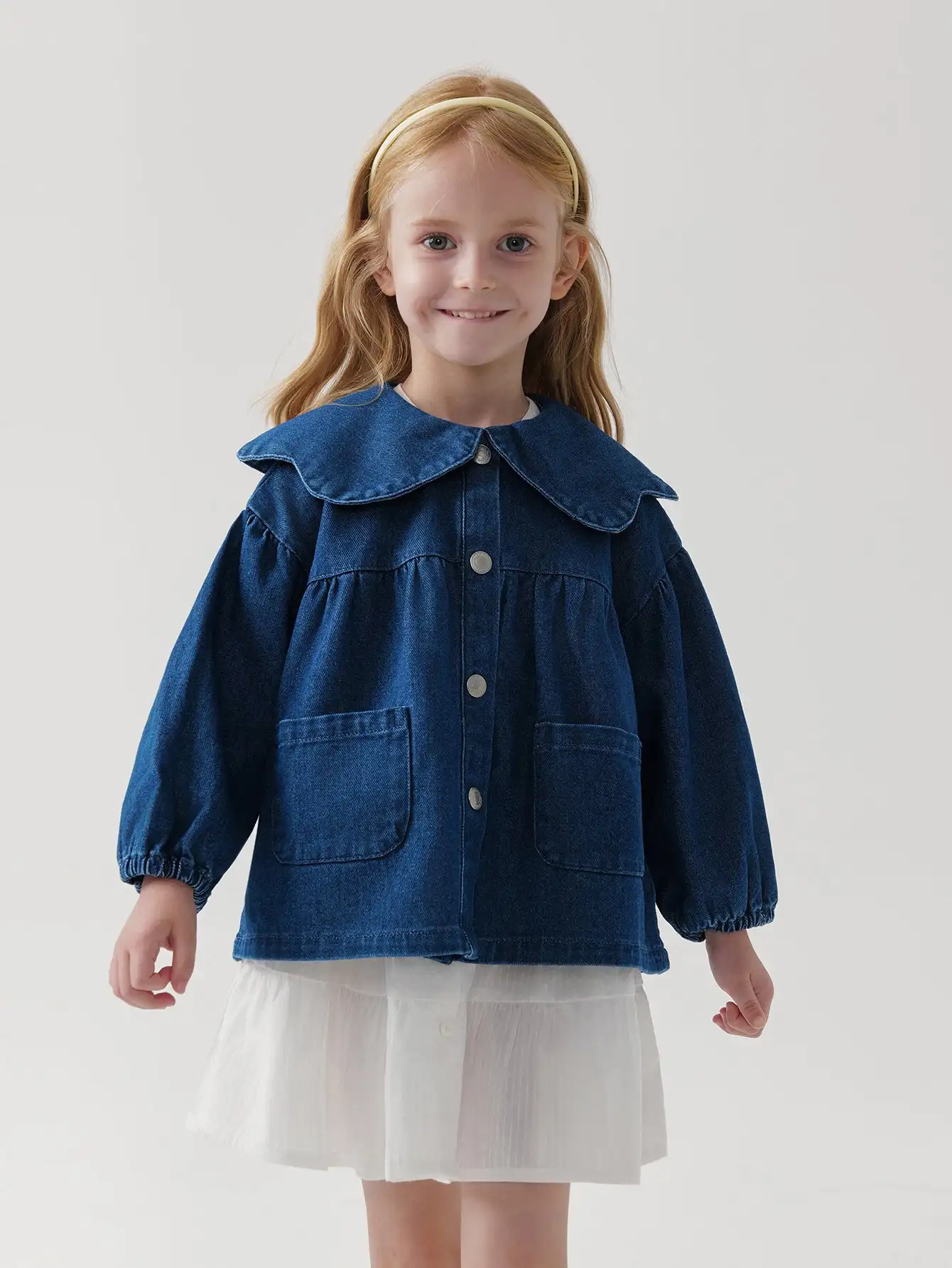 MARC & JANIE Girls Peter Pan Collar Denim Jackets Snap Button Long Puff Sleeve Jeans Tunic Loose Soft Tops 241025