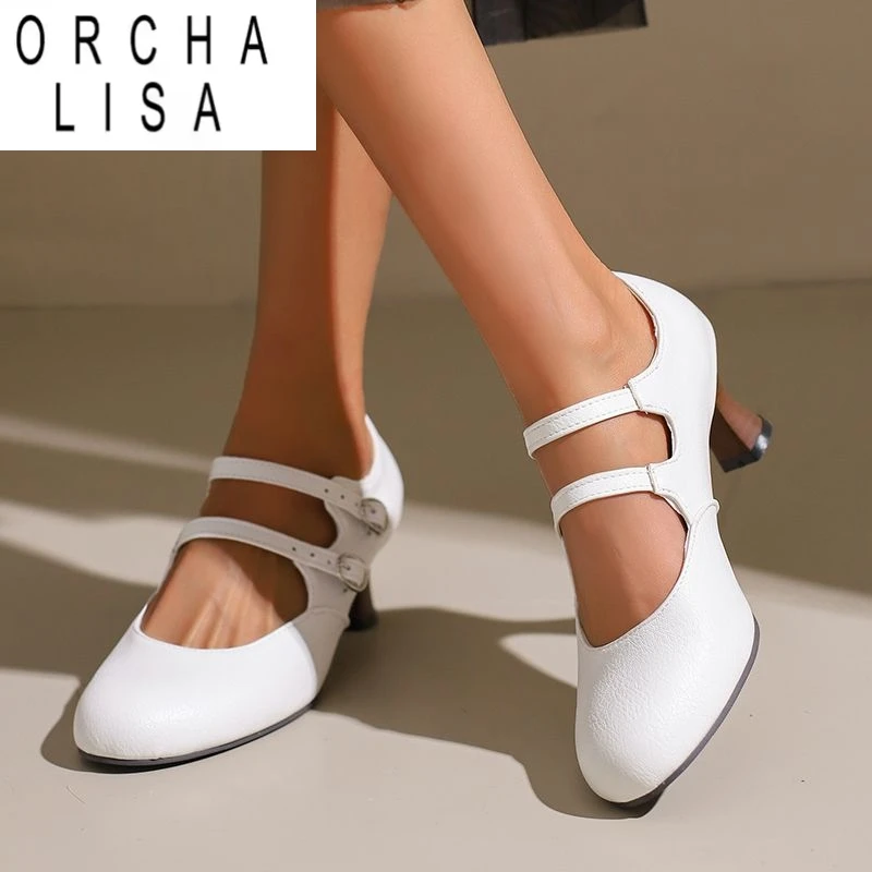 

ORCHA LISA Brand Ladies Pumps Round Toe Double Buckle Strap Strange Heels 6cm Sweet Dating Female Shoes Big Size 48 49 50 Spring