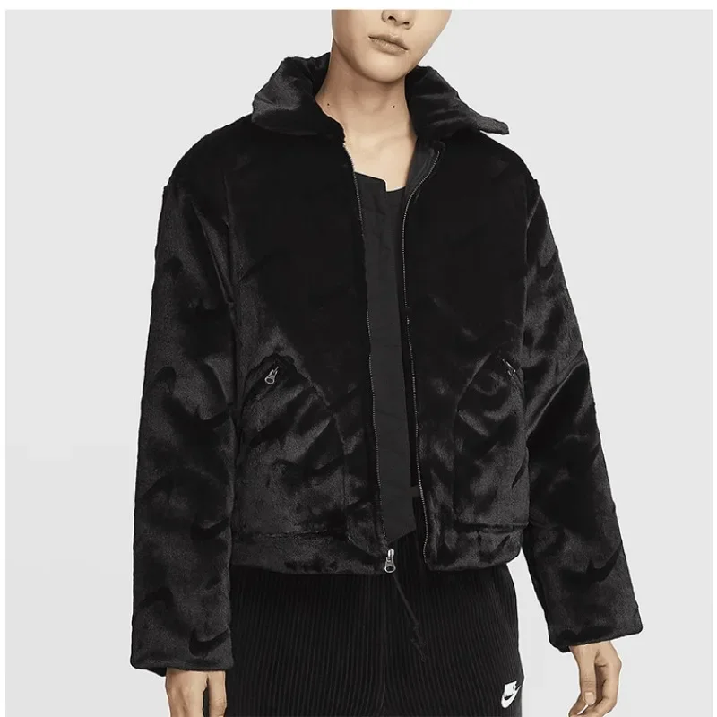 Nike Fleece Sherpa Jacket Spring Autumn Soft Plush Stand Collar Zip Pocket Warm Outer CoatFV8020-010 1PCS