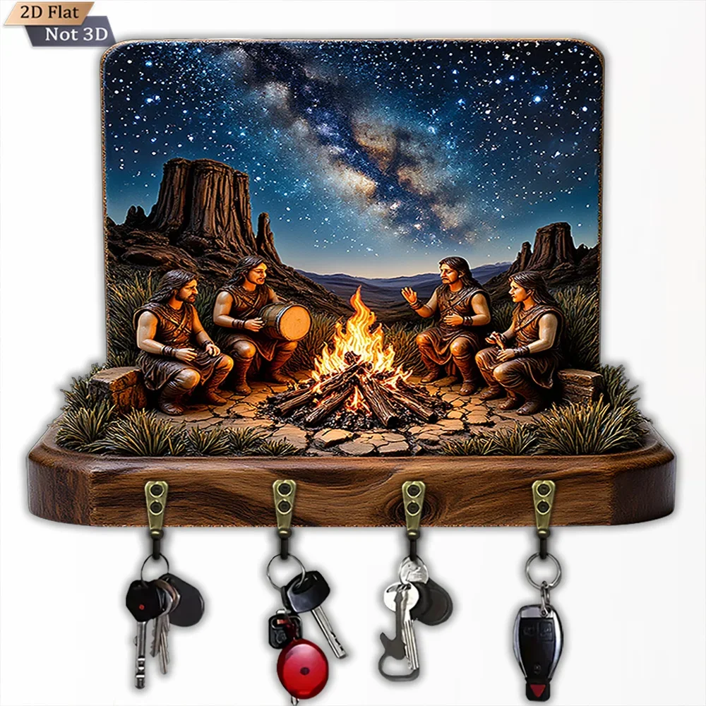 2D Flat, 1pc, Bonfire Starry Sky Tribal Style Key Hook, Wooden Multifunctional Home & House Key Hook, with Four Metal Hooks,