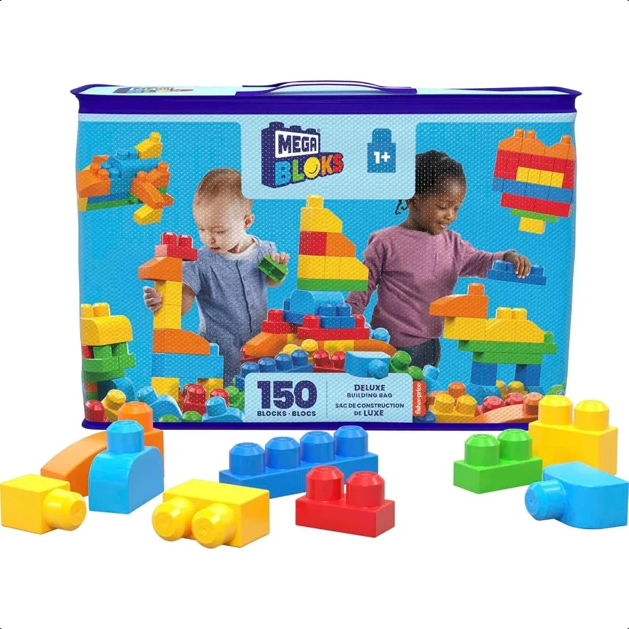 

MEGA BLOKS First Builders Toddler Blocks Toys Set Deluxe Building Bag with 150 Pieces and Storage Blue Ages 1+ Years