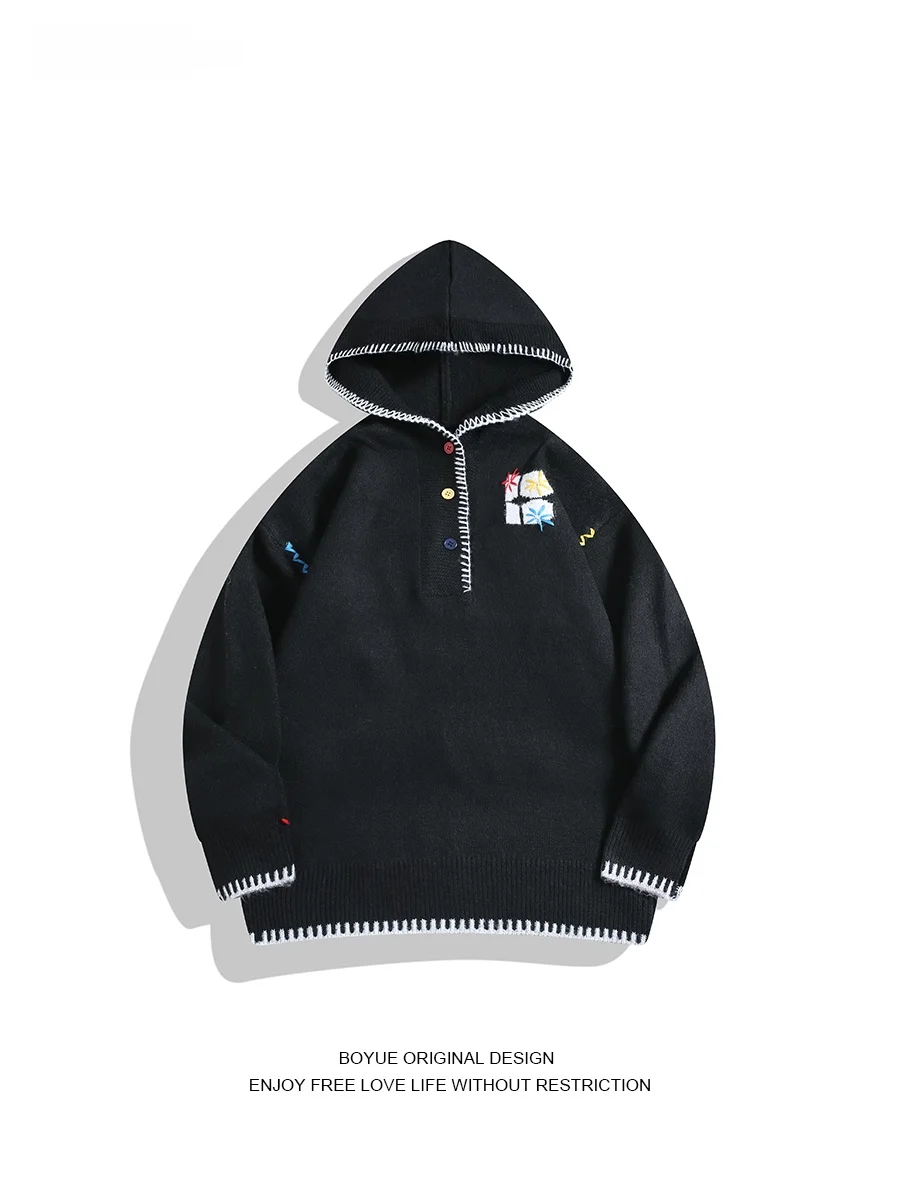 

Толстовка с капюшоном Boyue и вышивкой на пуговицах, вязаный свитер ex Dopane, универсальный дизайн, повседневная зимняя одежда Long Sve...