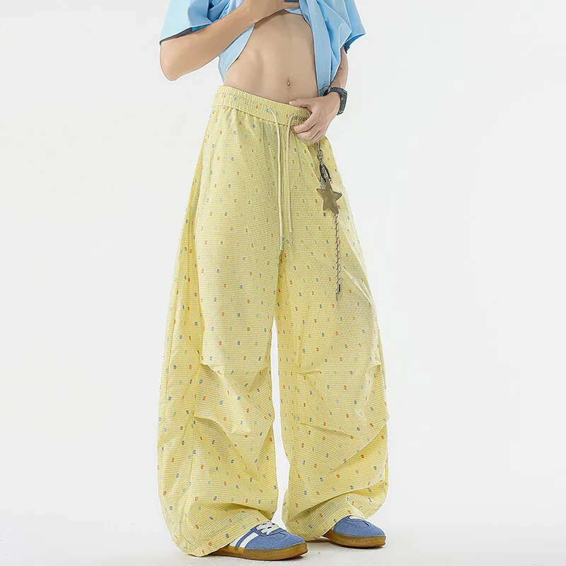 

Men's Yellow Polka Dot Pants American Streetwear Style Crinkle Wide Leg Trousers with Flowy Straight Cut Retro Casual Lounge 8XL