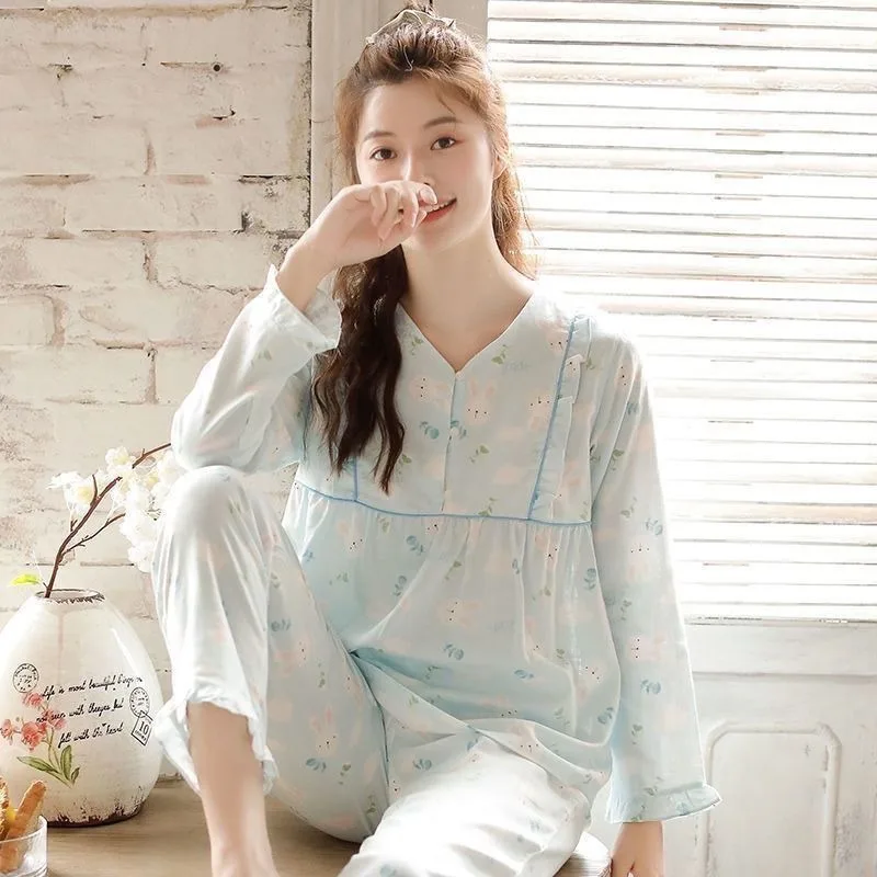 2023 New Cotton Pajamas Women Spring Autumn Long-sleeved V-neck Loungewear Winter Confinement Wear Loungewear