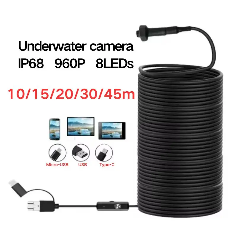 

40m Fish Finder Underwater Fishing Endoscope Camera 960P Cars Sewer Inspection Borescope Waterproof 3In1 For Usb Android Type-C