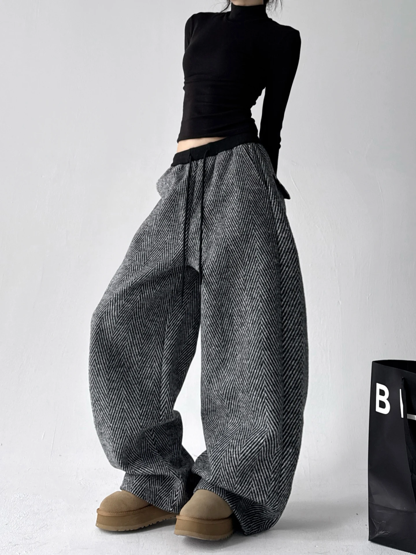 하이웨이스트 와이드 레그 팬츠 여성용 가을 겨울 체크 울 스트레이트 컷 슬림 캐주얼 롱 트라우저 아메리칸 스타일 폴리에스터...