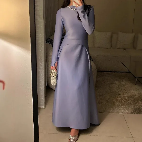 

Elegant Evening Party Dress for Women Autumn 2025 New O-Neck Prom Dresses Pleated Ankle Length Simple Long Sleeves Dresses