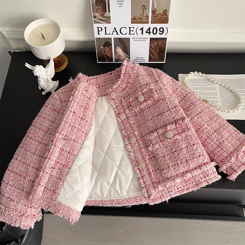 

2023 Winter Baby Girls Korean Style Pink Jacket Thick Long Sleeve Fashion Warm Outwear for Girls Coat