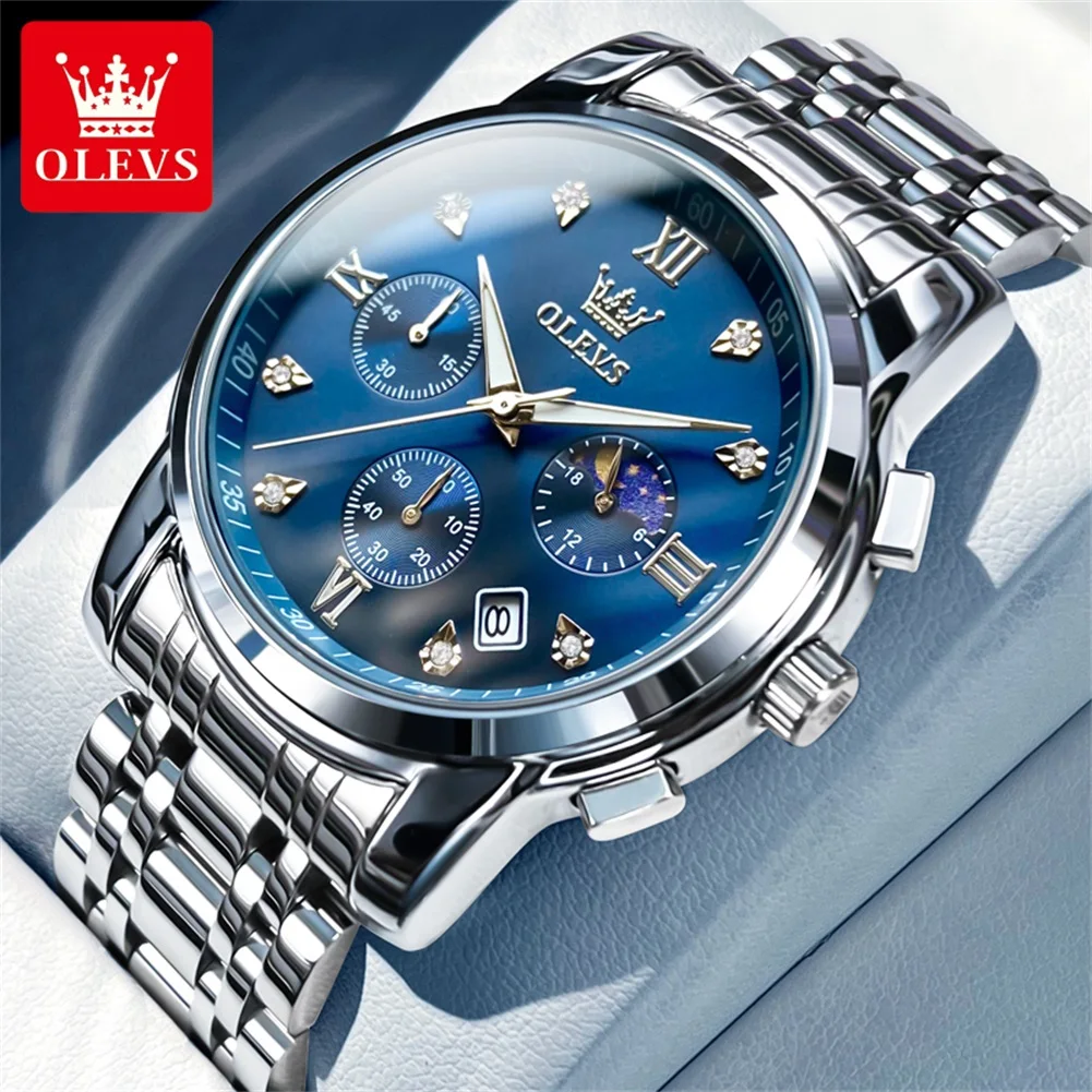 OLEVS 2858 Herenhorloge Luxe merk quartz horloge Multifunctionele chronograaf Waterdicht lichtgevend maanfasehorloge Trend herenhorloge