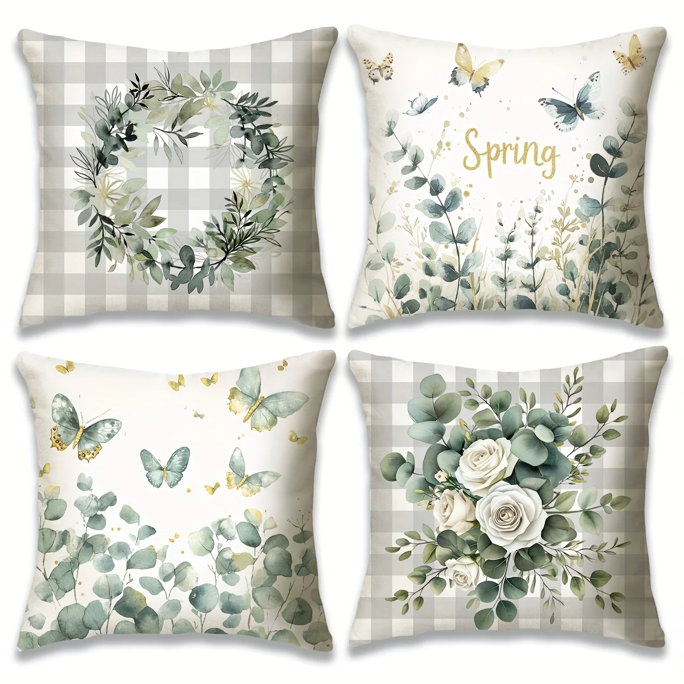 4-Piece Set Of Spring/Summer 18X18 Inches, Featuring Country Floral Green Velvet Pillowcases, Machine Washable, Zipper Closure,