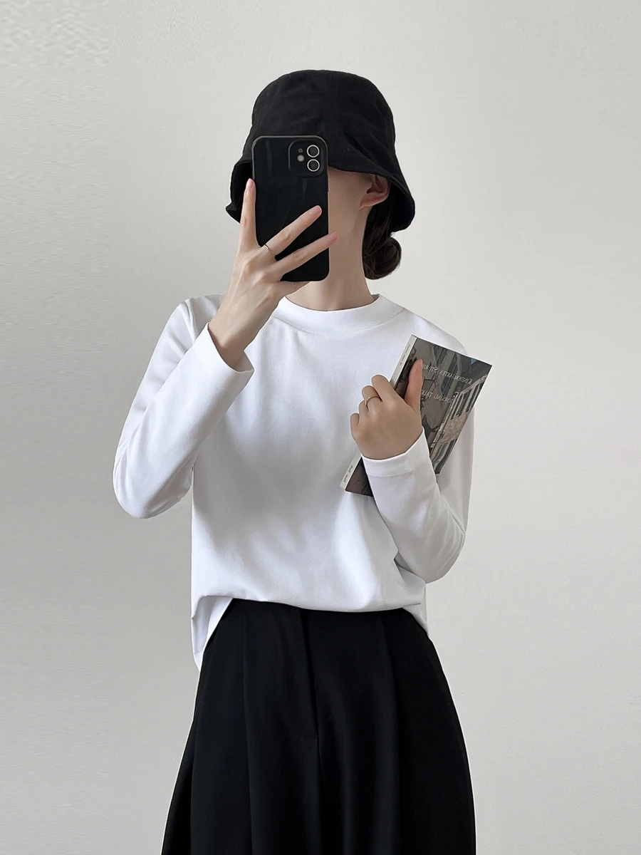

Autumn Winter Pure Cotton Long Sve T-irt Women's Loose Slimming Mid-Ne Base irt Casual Sle Comfortable Breathable