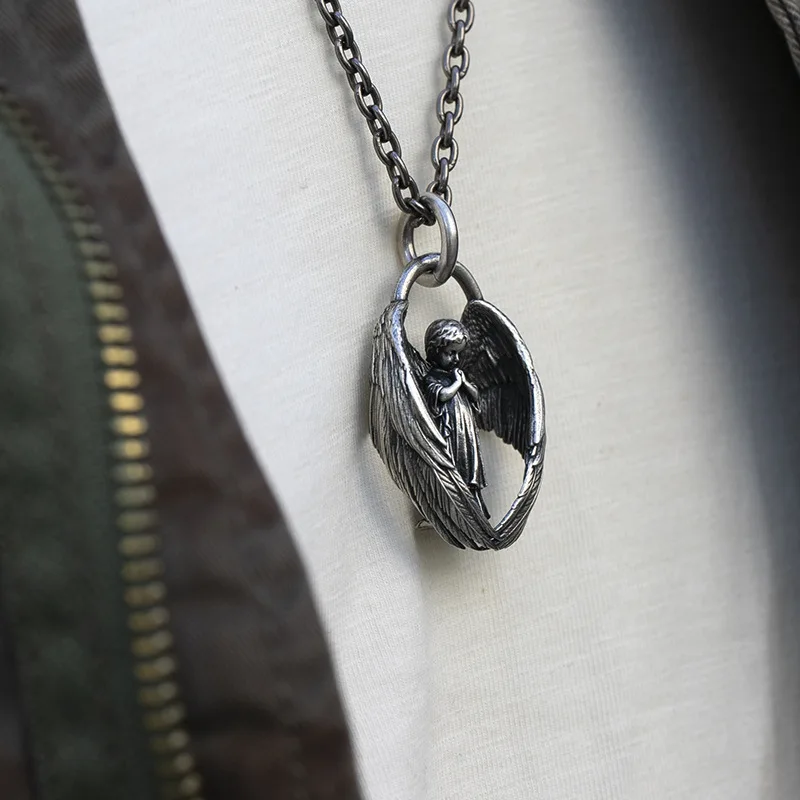 

Antique Silver Praying Angel with Wings Pendant Necklace Gothic Vintage Style Jewelry
