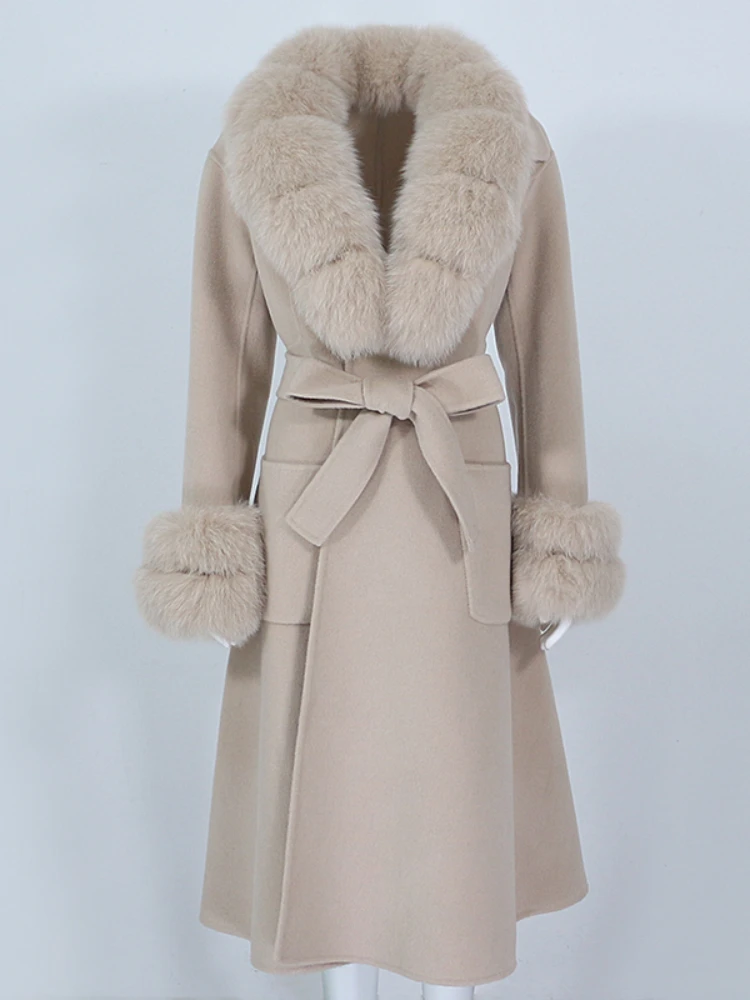 

2026 Women Natural Fox Fur Collar Cuffs Streetwear Outerwear X-long Cashmere Wool Blends Real Fur Coat Belt Winter Jacket