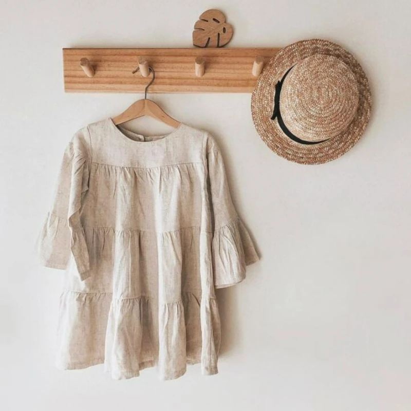 2026 Spring Summer European American Style Girls Natural Linen Flare Sleeve Stitched Splicing Princess Long Sleeve Dress