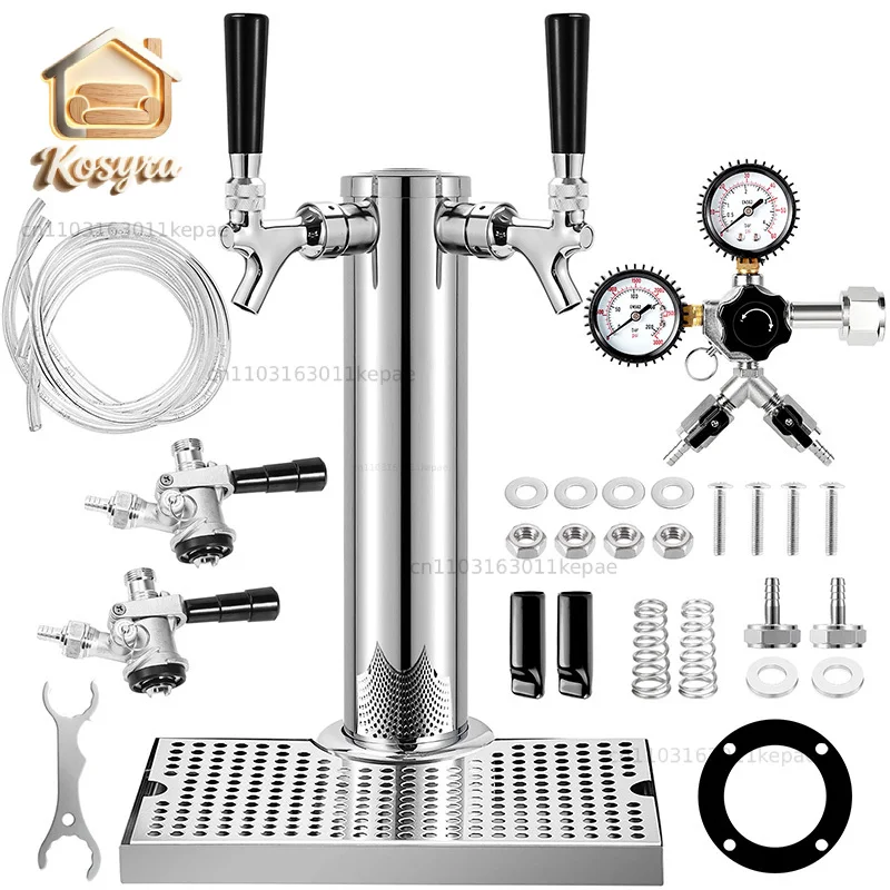 Dual-Faucet Beer Tower,Craft Beer Column Kit with Tap,Co2 Regulator,Keg Coupler and Drip Tray, Homebrew Bar Kegerator Dispenser