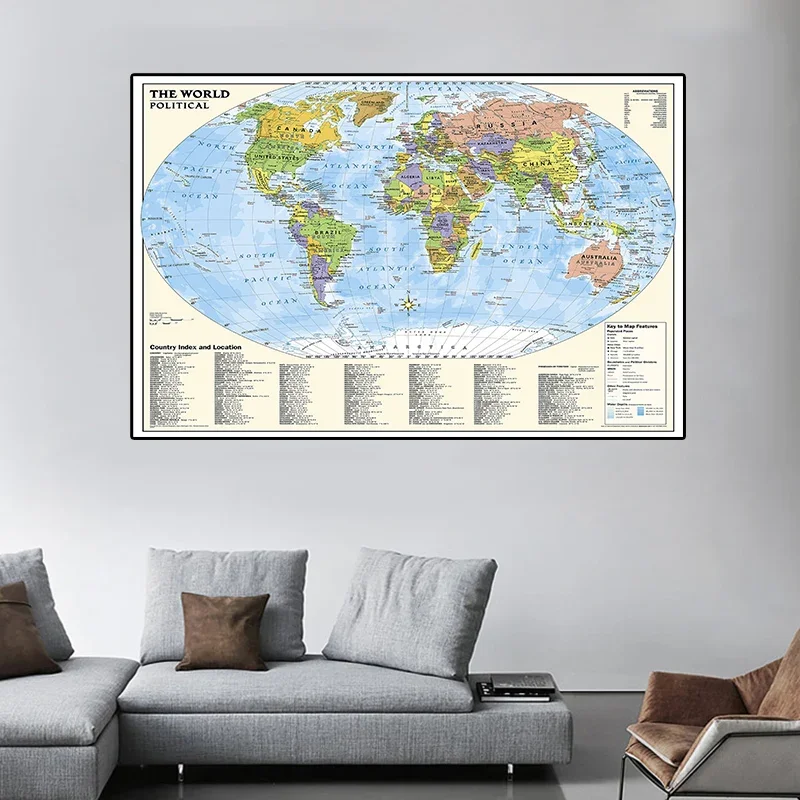 O mapa do mundo 150*100cm com índice e localização do país pintura em tela não tecida arte da parede cartaz casa escola fornecimento mapa de viagem