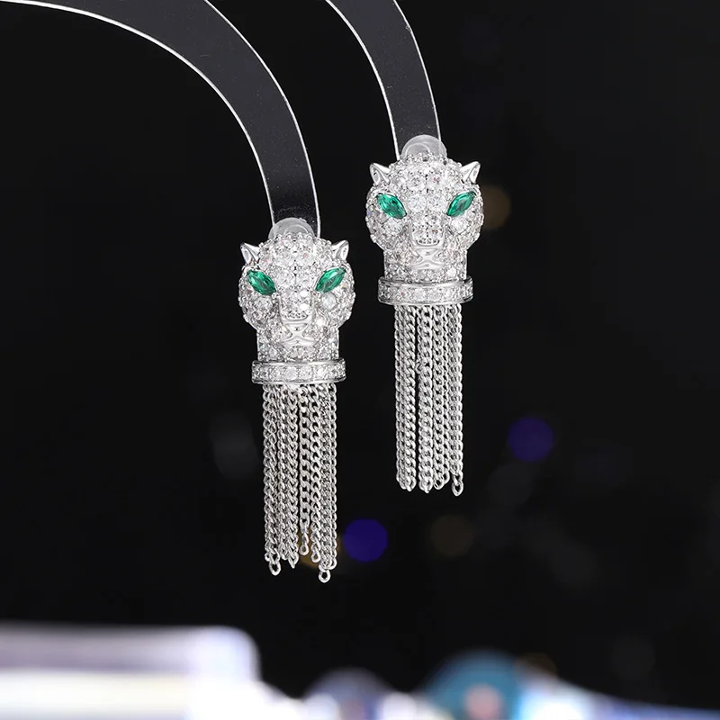 

Zircon Leopard Tassel Earrings s925 Silver Needle niche light Luxury style stud earrings, high-end and personalized earrings