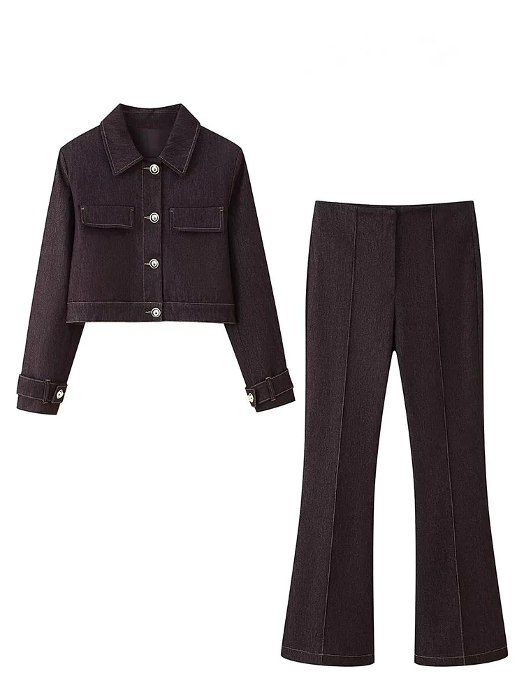 Hh moda feminina sólido outono 2 peças conjunto lapela bolso único breasted manga longa botão jaqueta curta + zíper bell-bottoms