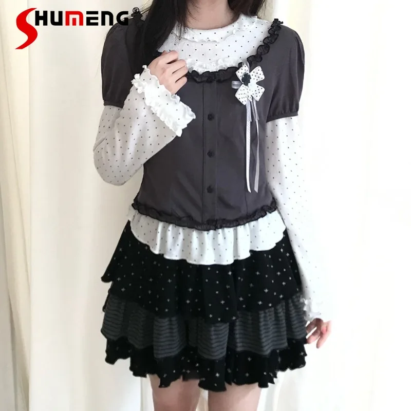 

Sweet Japanese Style Black White Gray Short Sleeves Top T-shirt Cute Star Pattern Tiered Cake Skirt 2026 Summer Women's Clothing