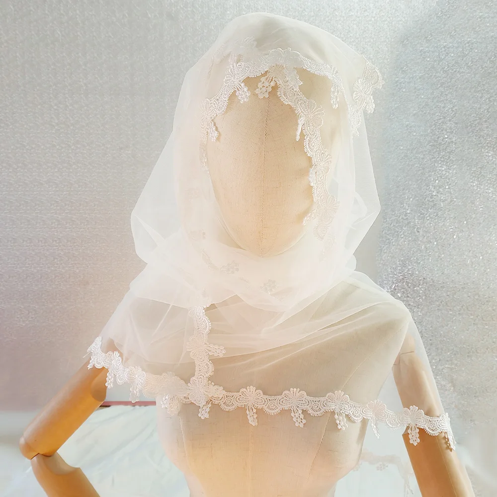 Lady Rectangular Mantilla Veil Women Lace Chapel Veil Elegant Tulle Wrap Latin Mass Head Covering Romatic Vintage Bridal Shawl