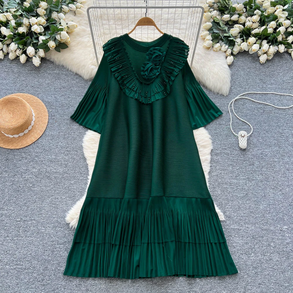 Chic sexy O-collo tridimensionale increspato fata A-line allentato estate donna Boho vestito estivo abbigliamento donna