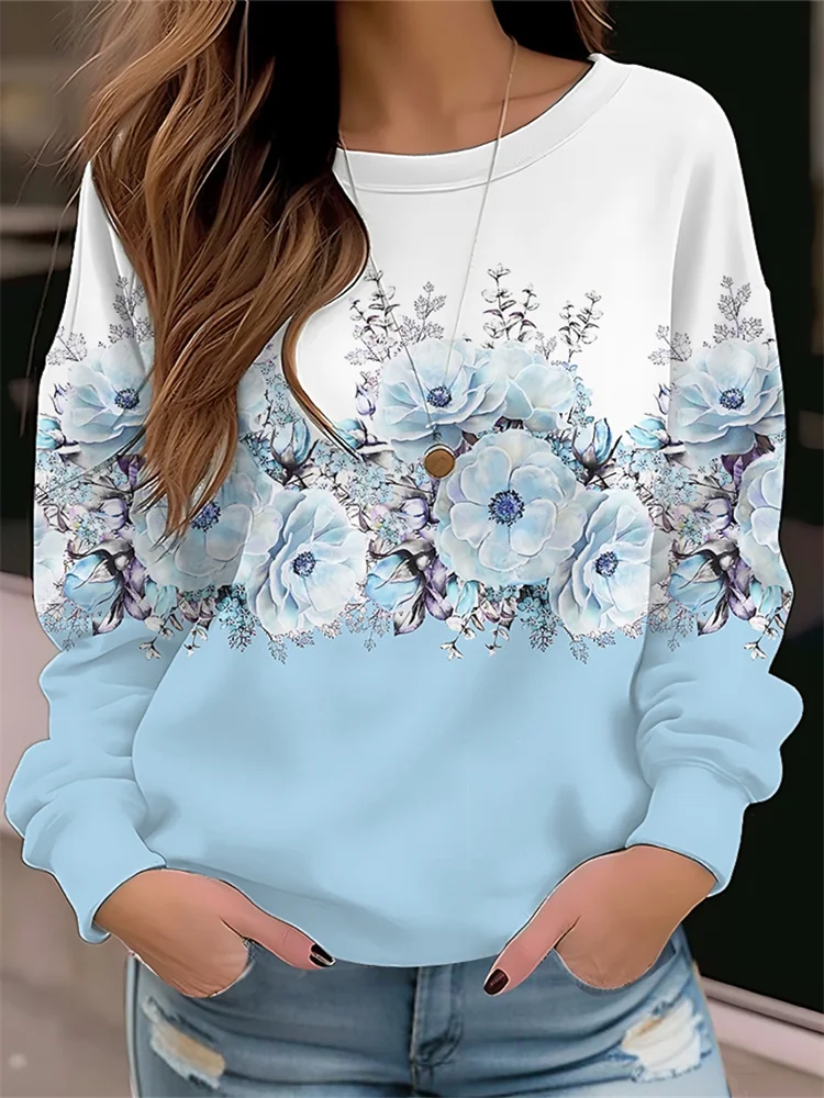 Autumn versatile long sleeved women's T-shirt with floral pattern printed regular retro casual O-Neck Bohemian multi-color