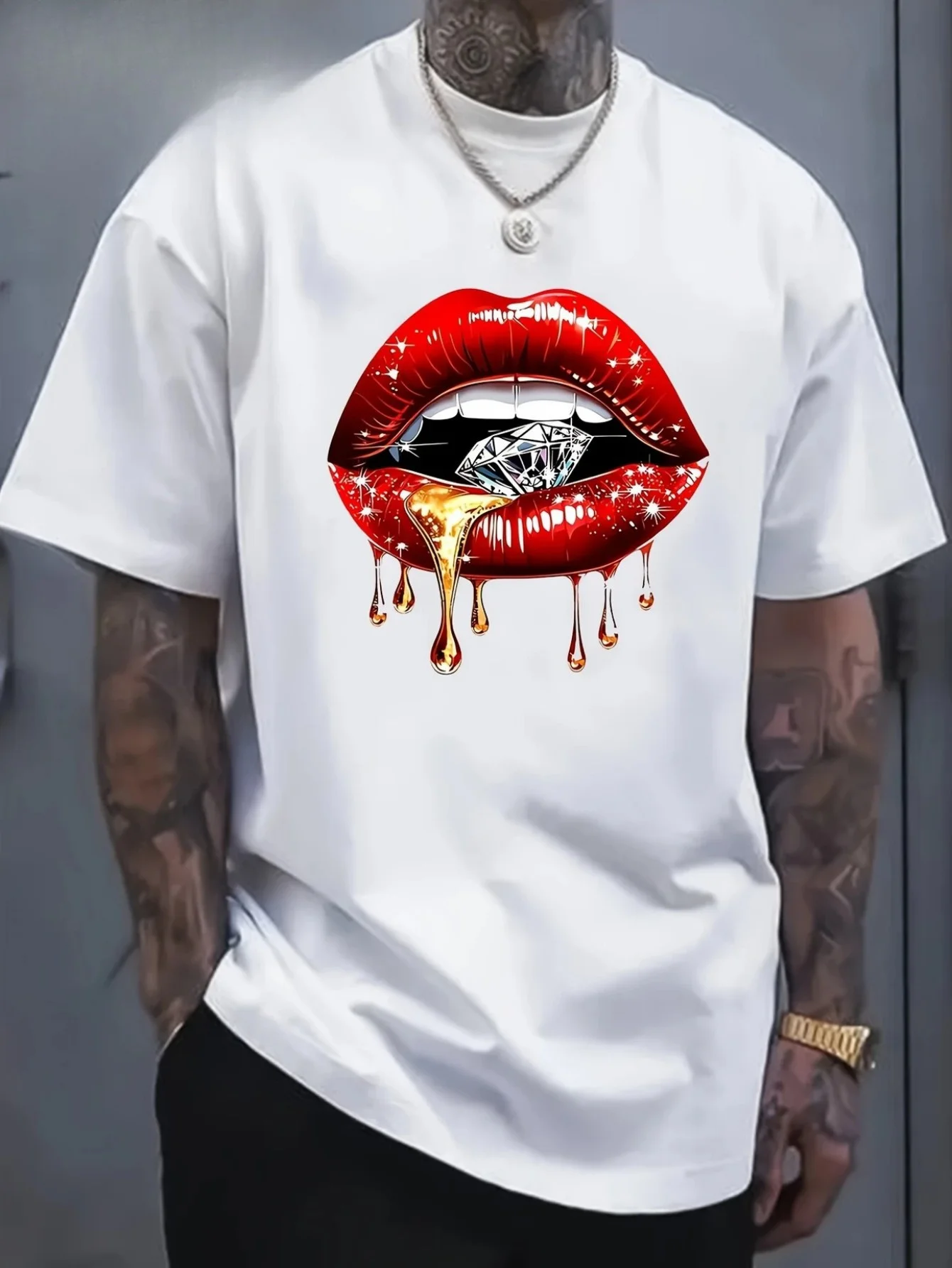 Men'S Sexy Red Lips & Diamond Graphic T-Shirt - Breathable Moisture-Wicking Fabric, Regular Fit Round Neck Short Sleeve Tee for Casual Streetwear, Beach, Night Out & All-Season Comfort, Beach Outfit, Bold Print