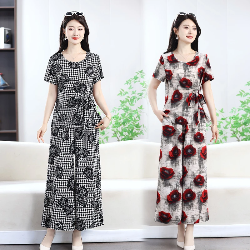Vêtements pour femmes, coupe ample, costume imprimé complet, ensemble deux pièces, chemise imprimée et pantalon à jambes larges pour femmes d'âge moyen, ensembles 2 pièces