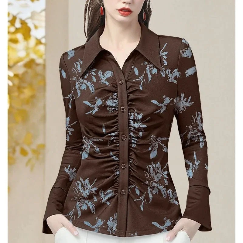 

Женская блузка с кофейным принтом, новинка 2026 года, весна-лето-осень, плиссированный дизайн, приталенный топ, базовая рубашка для женщин