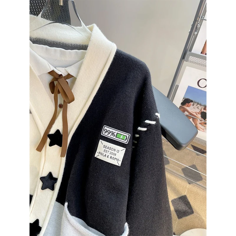 V-neck Fashion Patchwork Knitwear Tops Women Autumn Winter Simplicity Loose Long Sleeve Sweater All-match Knitting Cardigan Coat