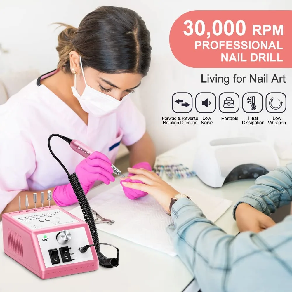 Kit Profissional de Broca Elétrica para Unhas 30000 RPM com 6 Brocas e 106 Bandas de Lixamento para Unhas de Acrílico e Gel - Manicure e Pedicure - Rosa