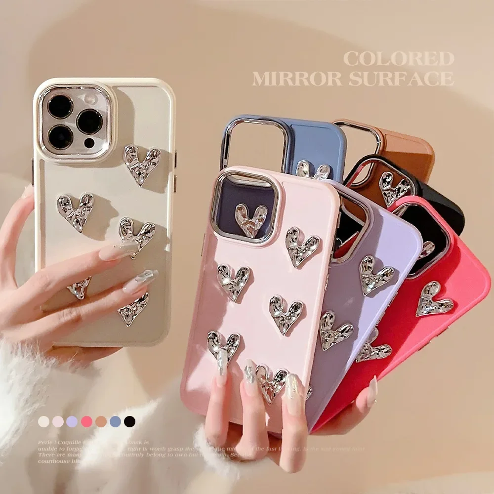 3D Silver Pleated Love Heart Phone Case for iPhone16 15 14 12 13 11 Pro ProMax Plus X XR Xsmax Shockproof Phone Cover