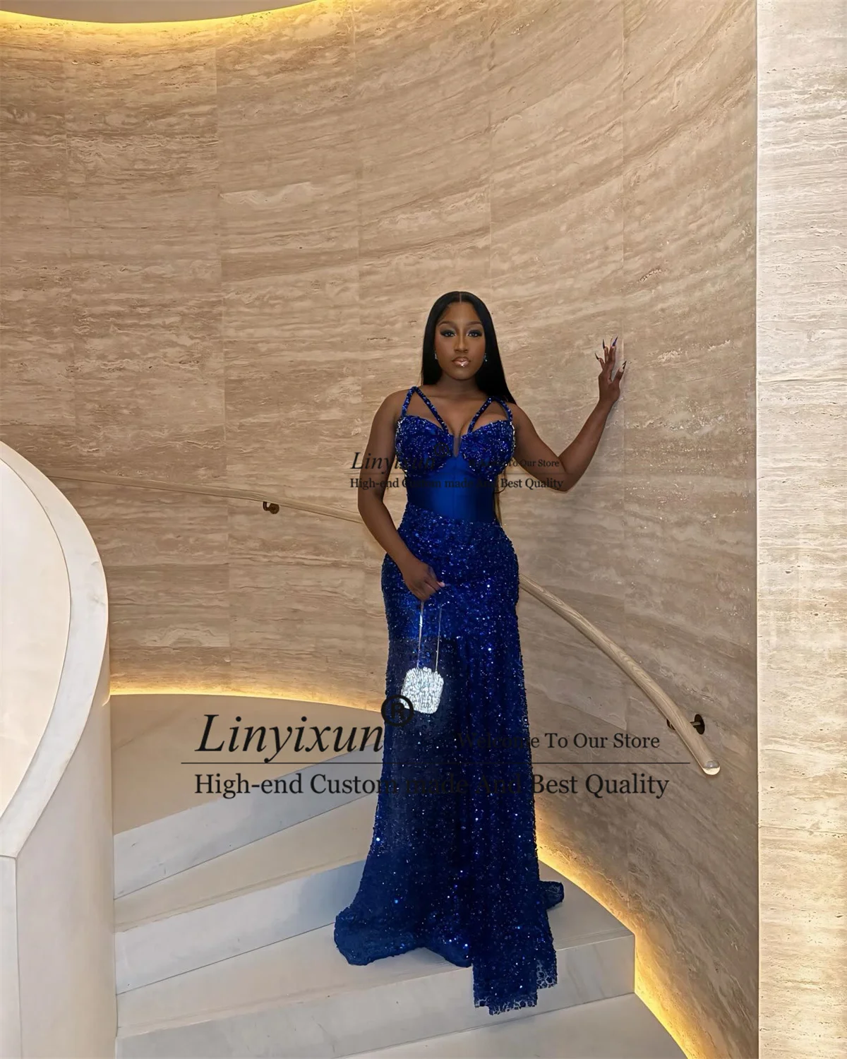 반짝이는 스팽글 인어공주 스타일 프롬 드레스, 비즈 장식 맞춤 제작, 흑인 여성용 코트 트레인 웨딩 파티 가운, 아소 에비 두바이 이브닝 갈라 가운